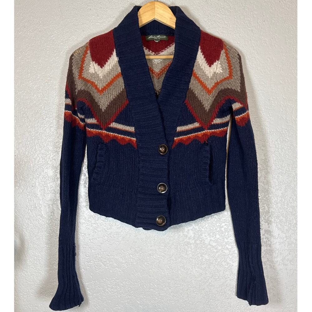 Eddie Bauer Lambs Wool Shawl Collar Sweater Southwestern Fair Isle Womens Small